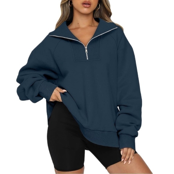 NEW ONLYSHE Half Zip Oversized Sweatshirt Blue Quarter Zipper Pullover Fleece - Picture 1 of 5